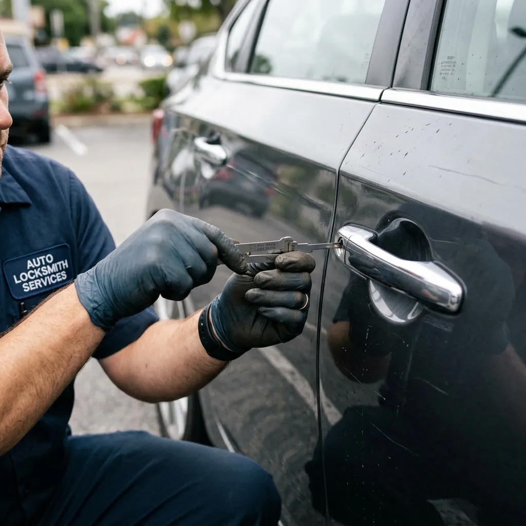 Mobile auto locksmith unlocking a vehicle door cylinder in the Bronx using Lishi tools