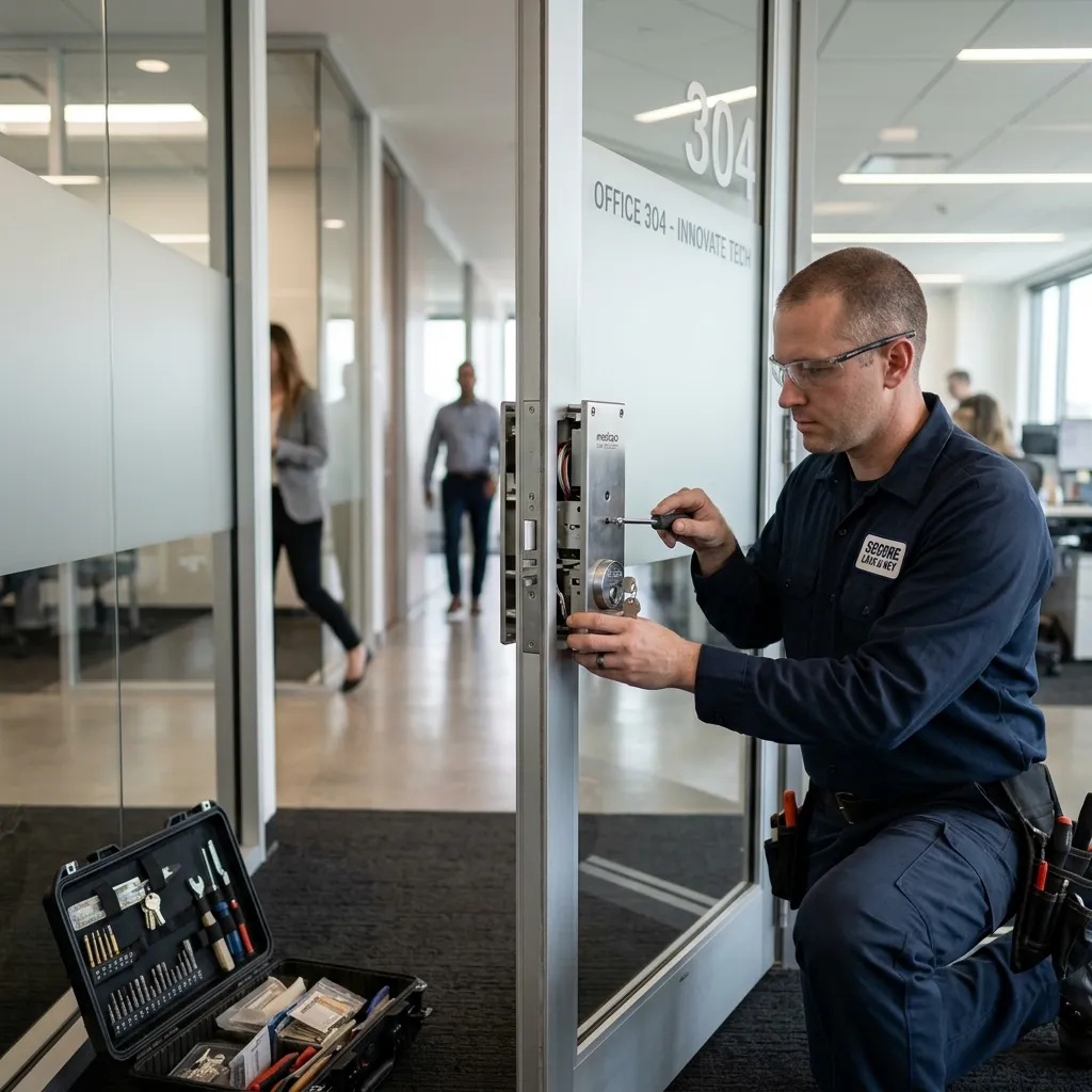 Commercial lock opening on an office glass entrance door in the Bronx