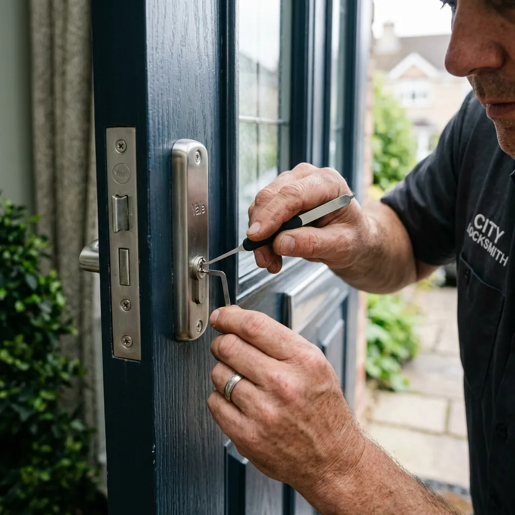 Licensed residential locksmith unlocking a house door lock in the Bronx using lock picks